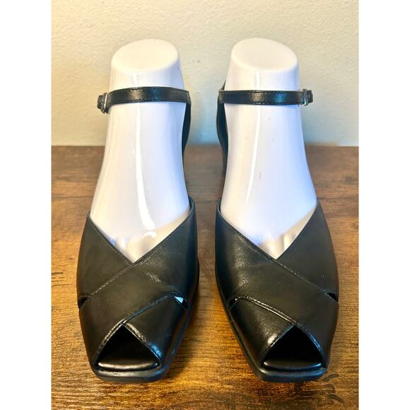 MoDA Shoes - Moda Black Leather Strap Peep Toe Low Wedge Shoes NWT 7M